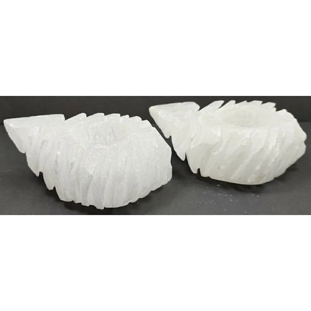 Pack of 2 Selenite Carved White Votive Used to Clean Crystals Candle Holders